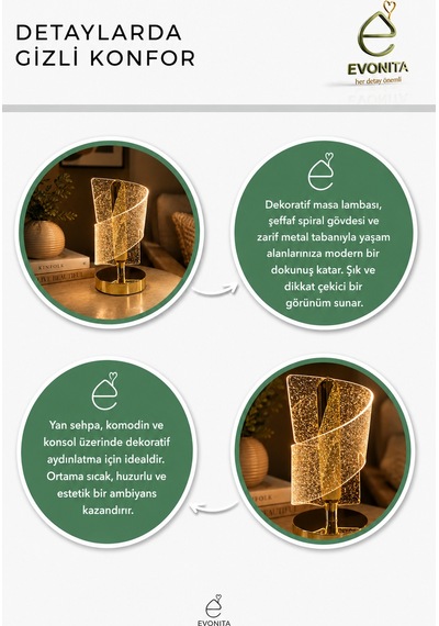 Evonıta Dekoratif Led Masa Lambası Spiral Tasarım Şeffaf Işıklı Abajur Gold Tabanlı Modern Gece Lambası Beyaz
