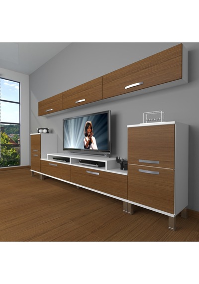 Decoraktiv Ekoflex 9 Slm Krom Ayaklı Tv Ünitesi Tv Sehpası Beyaz - Ceviz