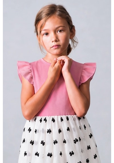 Fesshera Kids Kız Çocuk Fırfır Kollu Tül Etek Elbise Şık Günlük Ve Özel Gün Kombini Pembe