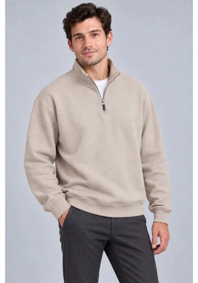 Butik İstanbul Erkek Üç İplik İçi Şardonlu Dik Yaka Yarım Fermuarlı Kışlık Sweatshirt - Bej