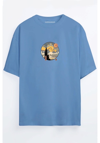 Yıldızlı Gece Tablosu Unisex Siyah - Beyaz Oversize T-shirt Mavi