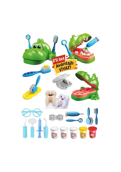 Dino Dişçi Oyun Hamuru Seti Kartela Diş Doktoru Set Toplam 20 Parça 2'li Set YEŞİL