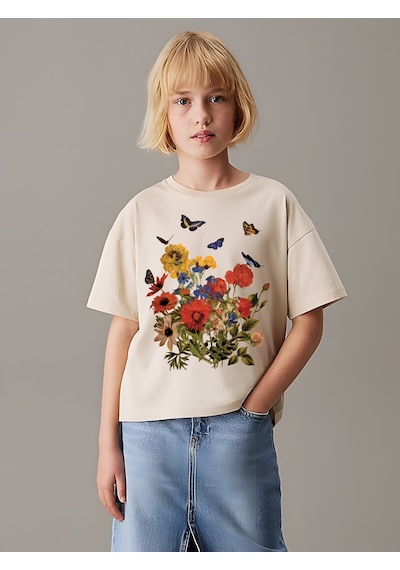 Uyguntarz Çocuk Çiçekler Baskılı Pamuklu Tshirt Bej