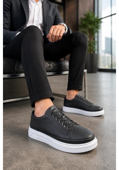 Mevese Emirp Cilt Bağcıklı Erkek Sneaker Günlük Ayakkabı - Siyah Beyaz