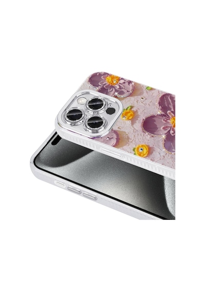 Zore Apple Uyumlu iPhone 15 Pro Kılıf Çiçek Desenli Parlak Taşlı Sert Silikon Garden Kapak - P Pembe Açık