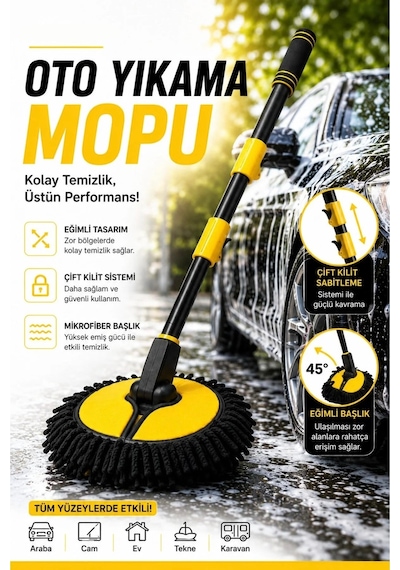 Çok Fonksiyonlu Araba Yıkama Fırçası Oto Yıkama Mop Mikrofiber Bezli Teleskopik Saplı Şönil