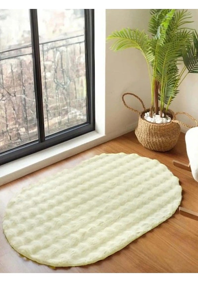 Raschel Carpet Krem Yumuşak Bubble Kaymaz Özel Taban Oval Peluş Halı Yolluk