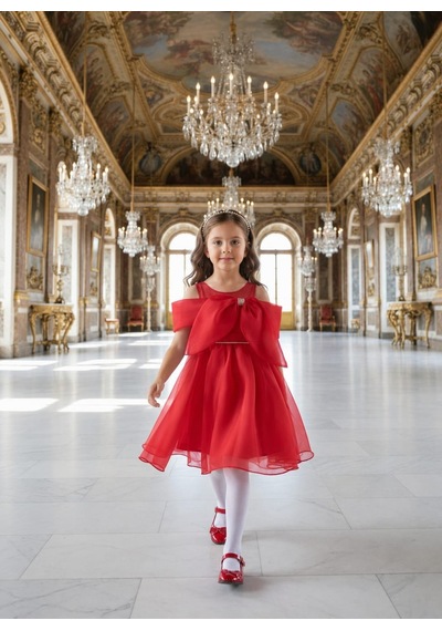 Tarz Çocuk Kırmızı Kız Çocuk Doğum Günü Ve Davet Elbisesi Büyük Fiyonk Detaylı 1-5 Yaş