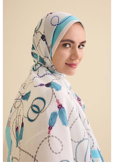 Imannoor Püskül Noor Mavi Floş Pamuk Şal 70x210 Mavi