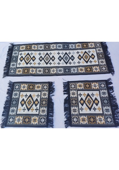 Oto Koltuk Üstü Kilim 45x50cm 50x130cm Gri&siyah&kahve 3'lü Set