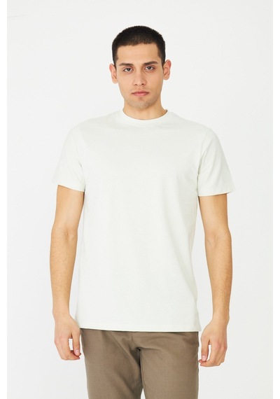 Ekru Basic Bisiklet Yaka Erkek T-shirt Fildişi