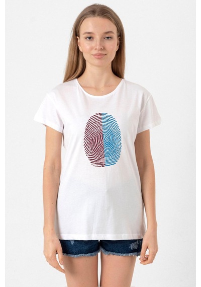 Bordo Mavi Parmak İzi Beyaz Kadın Bisikletyaka Tshirt Beyaz