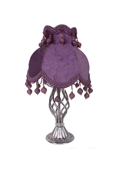 Mor Kadife Kaplı Ponpon Başlıklı Metal Ayaklı Klasik Vintage Abajur 55x25cm