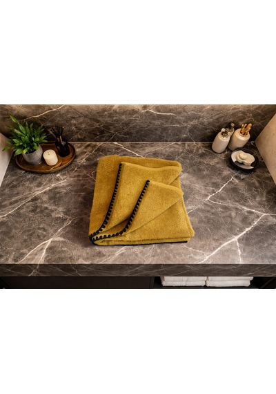 Siyah İstiridye Dikişli %100 Pamuk Yumuşak Dokulu Yüksek Su Emici 2'li Banyo Havlu Seti 50x90-70x130 Hardal