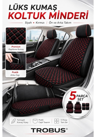 Audi A3 2013-2015 Üniversal 5 Parça Kapitone Desen Kumaş Oto Koltuk Minderi Siyah Kırmızı
