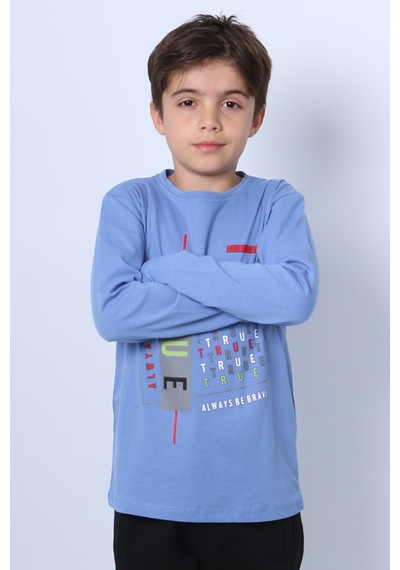 Hçm Erkek Çocuk Uzun Kollu Tshirt Stay True Baskılı Bisiklet Yaka E29 İndigo