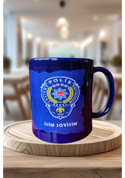 Polis Baskılı Komple Mavi Porselen Üst Kalite Kupa Bardak İsimli Kişiye Özel Çok Renkli