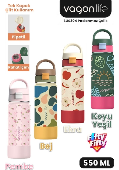 550 Ml Desenli Tek Kapak Çift Kullanım Pipetli Rahat İçim Kulplu Paslanmaz Çelik Termos 1109-550ml Koyu Yeşil