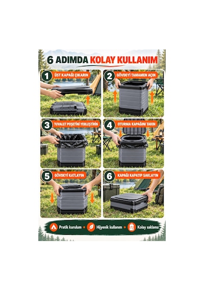 Efsane Kamp - Portatif Katlanabilir Konfor Kamp Seyahat Tuvaleti - Büyük Gri