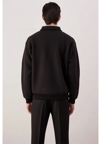 Benerly Erkek Polo Yaka Standart Kol Oversize Kalıp Sweatshirt Fonksiyone siyah