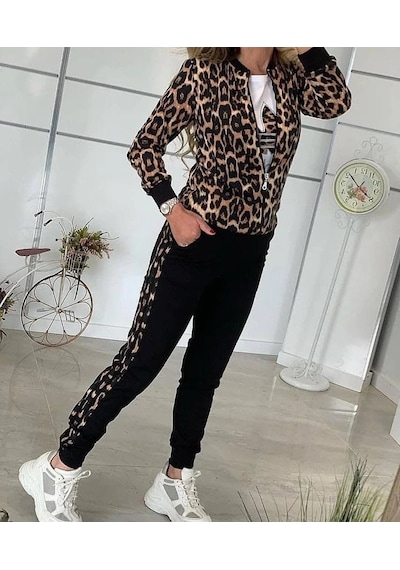 DefyModa Kadın Uzun Kollu Önden Fermuarlı Leopar Desen Detaylı Viskon Iki Iplik Kumaş Ikili Takım DefyModa Kadın Uzun Kollu Önden Fermuarlı Leopar Desen Detaylı Viskon Iki Iplik Kumaş Ikili Takım
