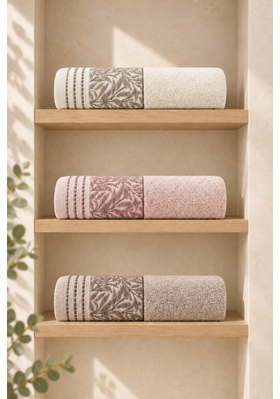 Botanical Garden Yaprak Desenli El Yüz Havlusu 50x90 Cm 3 Lü Set %100 Pamuk - Rose Cream Çok Renkli