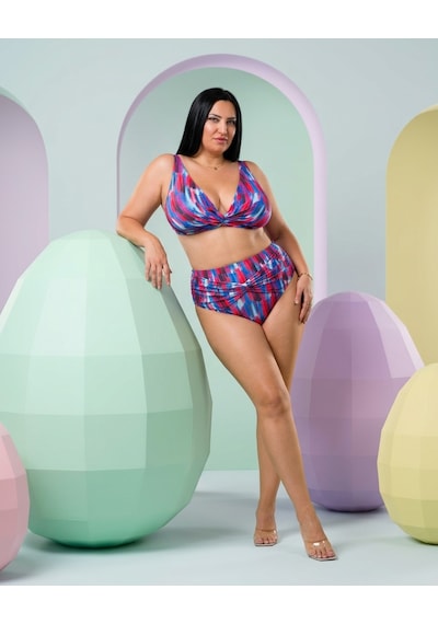 Büyük Beden Üçgen Sabit Pedli Desenli Toparlayıcı Yüksek Bel Kadın Bikini Takım Saks