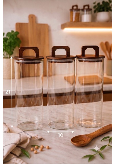 Aria- 3'lü Borosilikat Bambu Kapaklı Kavanoz 1300 Ml Düz Kahverengi
