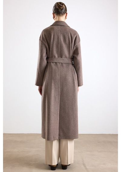Olcay Oversize Düşük Kol Kruvaze Kaban Latte 3173 Krem