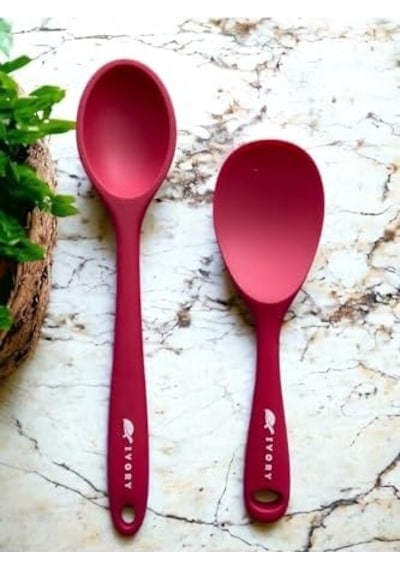 Silikon Kaşık Seti, 28 Cm Uzun + 22 Cm Kısa Kaşık, Isıya Dayanıklı, Fuşya, 2 Adet
