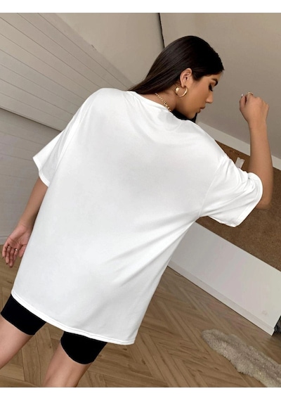 Flood Of Style Kadın Beyaz Los Angeles Baskılı Oversize Bisiklet Yaka Tshirt