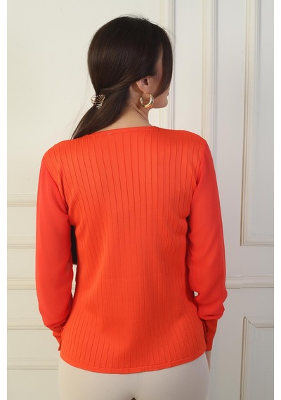 By Saygı Kadın Kolları Şifon V Yaka Kazak-39643 Mercan