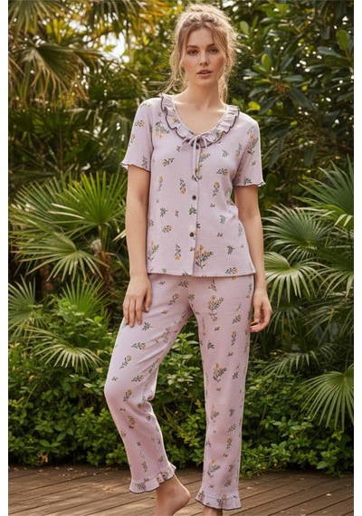 Siyah İnci Bürümcük-krınkıl Düğmeli Pijama Takım26120625 Lila