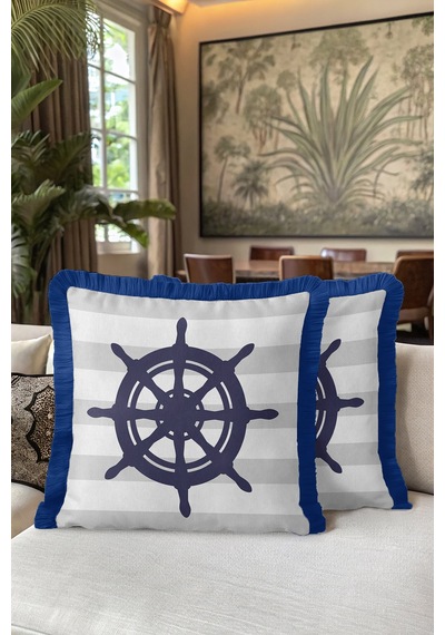 Nautical Marin Saçaklı Yastık Kılıfı - Denizci Stil Lacivert Beyaz Marin Püsküllü Kırlent Kılıfı Çok Renkli