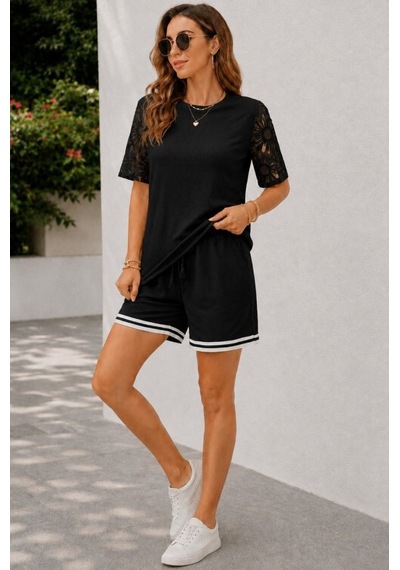 Dogutrend Kadın Kısa Kollu Bisiklet Yakalı Waffle Bluz Ve Short Ikili Takım Siyah
