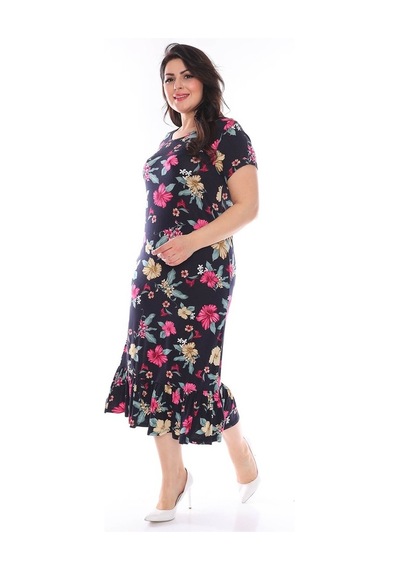 Lacivert Çiçekli Büyük Beden Elbise 29B-0957 Lacivert