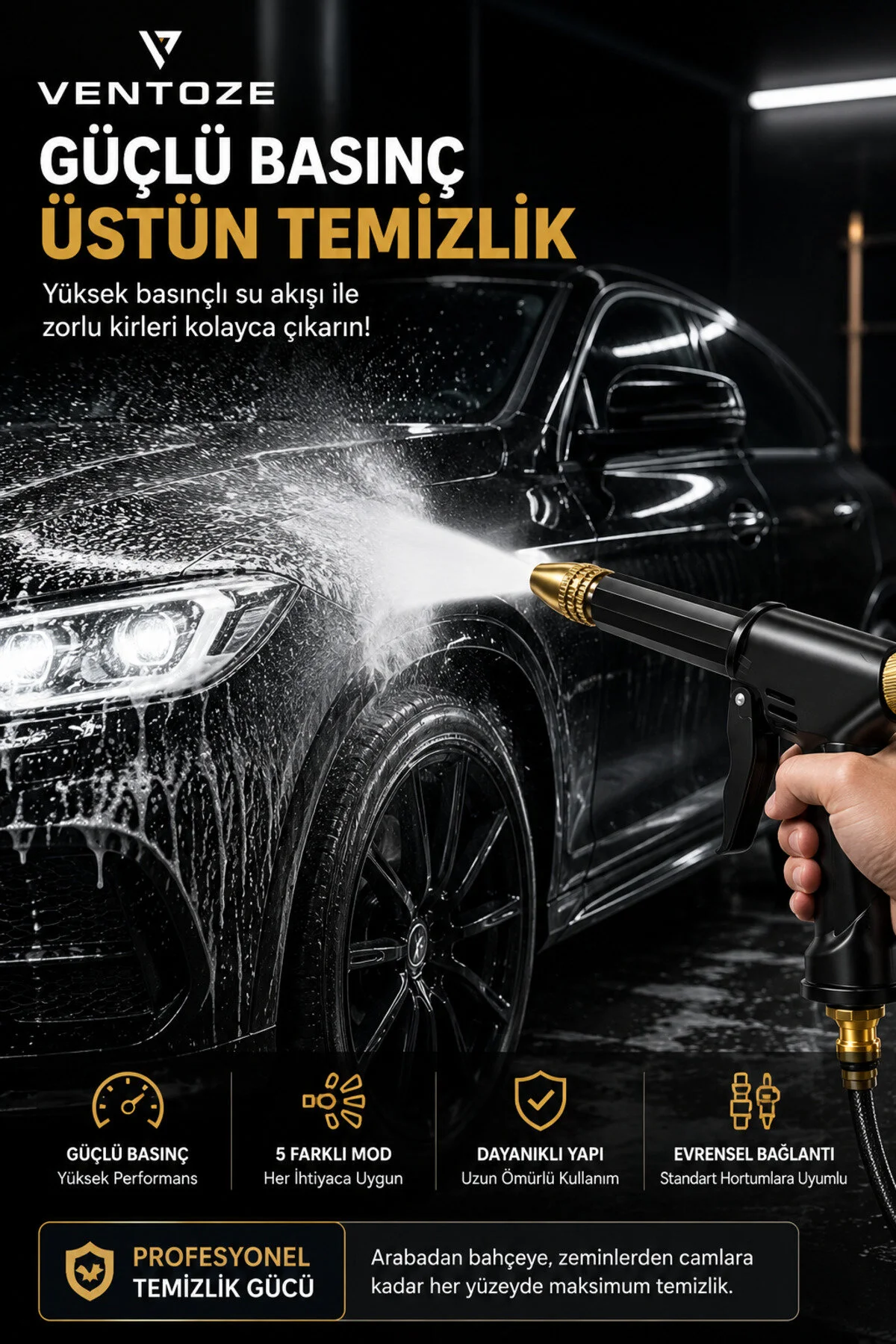 Basınçlı Çok Fonksiyonlu Ayarlanabilir Oto Araba Yıkama Ve Bahçe Sulama Tabancası Siyah