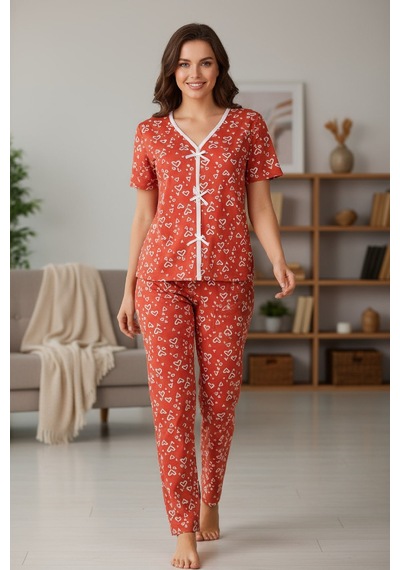 Angbutik Kadın Turuncu Desenli Fiyonklu Kısa Kollu Uzun Pijama Takımı