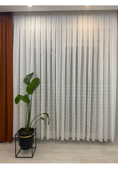 Keten Karlı Zeminli Ponponlu Tül Perde 1/3 Sık Pileli,ütü Gerektirmez, Modern Şık Tasarım Ekru