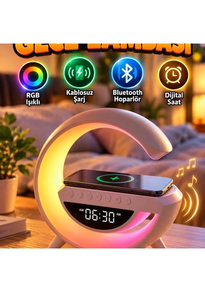 Rgb Işıklı Kablosuz Şarj Özellikli Bluetooth Hoparlörlü Dijital Saat Gece Lambası