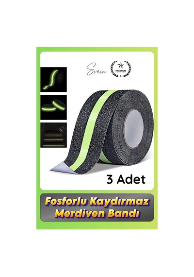 Bant 3 Adet Fosforlu Kaydırmaz Merdiven Bandı 5 Cm X 3 M Fotolümenli Yeşil Zemin Güvenlik Basamak