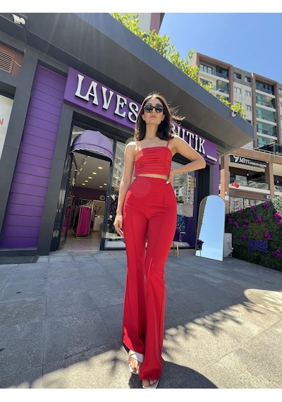 Lavessa Büzgülü İp Askılı Kırmızı Crop-131 Kırmızı