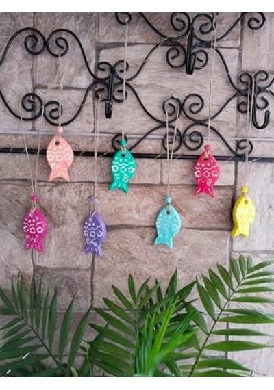 Dekoratif Balık Figürlü Duvar Süsü, 7 Parça, Renkli El Boyaması, Bahçe Ve Balkon Süsleme 6 Cm 50 x 22