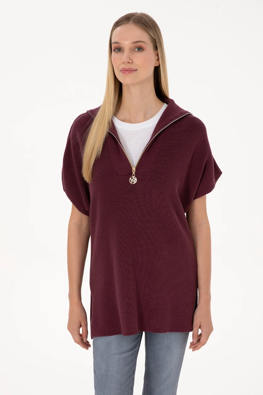 U.S. Polo Assn. Kadın Bordo V Yaka Fermuarlı Süveter 50317570-VR177