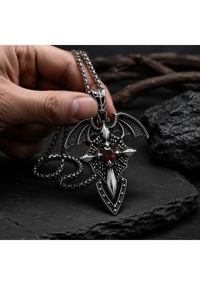 Paslanmaz Çelik Kırmızı Zirkon Taşlı Melek Kanat Stil Gotik Kadın Kolye