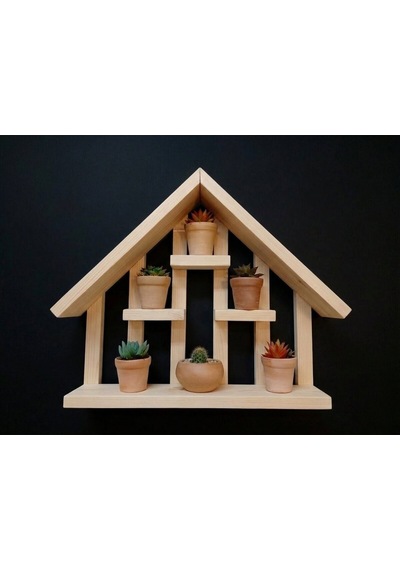 Ahşap Ev Tasarım Dekoratif Duvar Rafı - Sukulent Ve Mini Çiçek Rafı 40x30 Cm Bej