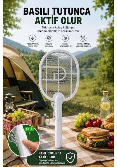 Glr Usb-016 Beyaz Şarj Edilebilir Sinek Raketi Type-c Girişli Sivrisinek Ve Sinek Öldürücü Raket