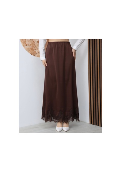 Moda Banuş Kahverengi Dantel Detay Saten Uzun Lastikli Etek Kahverengi Kahverengi