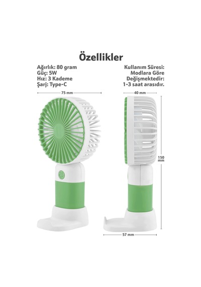 Standlı 3 Mod Şarjlı El Fanı 5 Kademe Seyahat Masaüstü Vantilatör Taşınabilir Mini Fan Yeşil F139