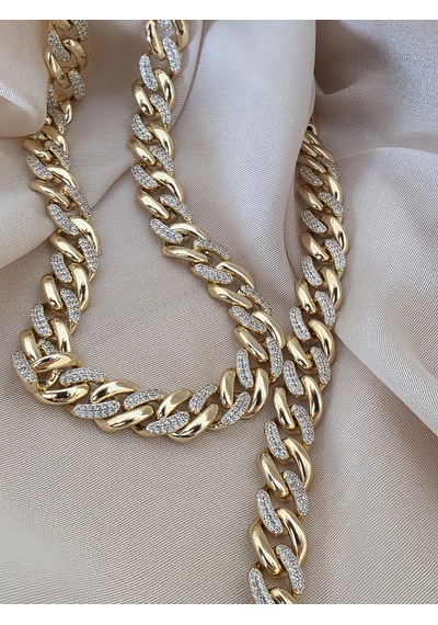 Eva Takı Store Xuping Küba Zinciri Cuban Lınk Hip Hop Rhinestone Set Gold